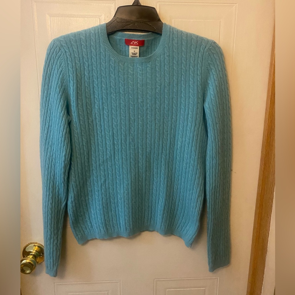 VTG Anne Klein Sport Cashmere Cable-Knit Crewneck Sweater in Teal Blue